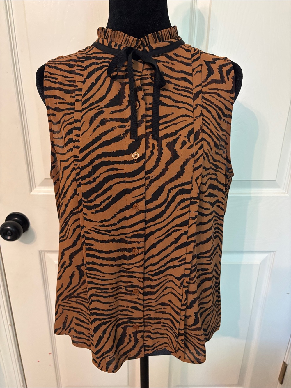 WHBM Sleeveless Tie-Neck Zebra Print Blouse - Brown/Black Small